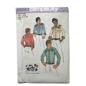 Simplicity 6693 Sewing Pattern Shirt Sizes 38 40 1974 Transfers Included Uncut